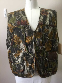 Mens, Wilderness Vest, MASTER SPORTSMAN, Tan Brown, Brown, Green, Gray, Black, Cotton, Polyester, Floral, Hunting Camouflage, 2XL, Leafy Trees & Wood Camo, Zip Front, 4 Pockets, Gray Mesh Back with Big Pocket
