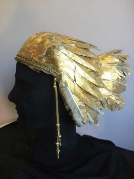 Unisex, Historical Fiction Headpiece, MTO, Gold, Feathers, Metallic/Metal, Gold Painted Feather Cap, Back Extension, Gold Beaded Headband with Gold Chain Tassel at Side of Head