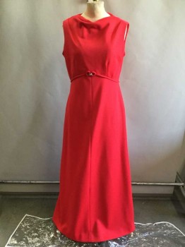 LESLIE FAY, Red, Synthetic, Solid, Cowl Neck, Sleeveless Empire Self Trim W/2 Circle, Rhinestones Detail Work Font Center, Flair Bottom