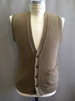 NO LABEL, Brown, Wool, Heathered, V-neck, Button Front, 2 Front Pockets