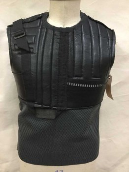 Mens, Vest, MTO, Black, Gray, Leather, Rubber, Color Blocking, Geometric, 44, Crew Neck, Quilted, Leather, Gortex, Vinyl and Spandex, Post Apocalyptic, Roughly Finished