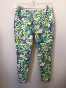 Womens, Capri Pants, HUE, Lime Green, Blue, Gray, Off White, Polyester, Lycra, Floral, S, Skinny Fit, 2 Faux Welt Pockets at Front. 2 Patch Pockets at Back