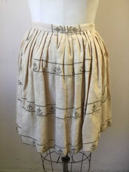 Womens, Apron 1890s-1910s, N/L, Beige, Brown, Cotton, Geometric, Half Apron, Beige Cotton with Brown Cross Stitched Embroidery, Pleated at 1" Wide Waistband, Beige Twill Ties