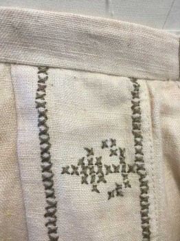 N/L, Beige, Brown, Cotton, Geometric, Half Apron, Beige Cotton with Brown Cross Stitched Embroidery, Pleated at 1" Wide Waistband, Beige Twill Ties