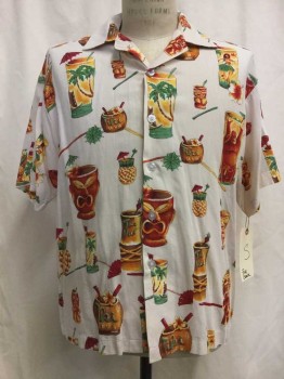 FIVE CROWN, Ivory White, Orange, Red, Brown, Green, Cotton, Rayon, Tropical , Button Front, Open Collar Attached, Short Sleeves, Tiki Bar