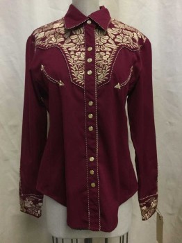 SCULLY, Red Burgundy, Beige, Rayon, Polyester, Solid, Burgundy, Beige Floral Embroiderred Yolk, Burgundy & Beige Stripped Trim, Snap Front, Collar Attached, Long Sleeves,