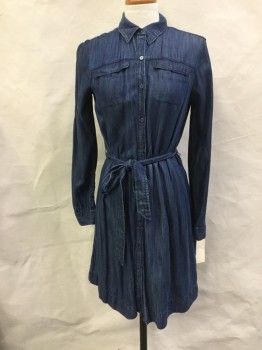 LOFT, Denim Blue, Lyocell, Solid, Shirt Dress, Button Front, Collar Attached, Long Sleeves with Button Cuffs, 2 Flap Pocket at Yoke, Belt Loops, Tie Belt, A-line