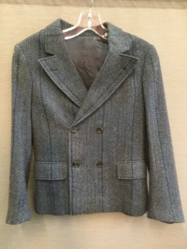 Childrens, Suit, Piece 1, 1890s-1910s, COSTUME WORLSHOP, Lt Blue, Navy Blue, Brown, Cream, Acrylic, Wool, Herringbone, Stripes, CH 34, Peaked Lapel, Double Breasted, 2 Pockets with Flaps, 1 Welt Pocket, Slightly Pilly