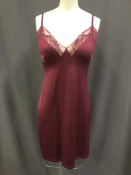 Womens, Nightgown, HANRO, Red Burgundy, Viscose, Solid, S, V-neck, Adjustable Straps, Lace Trim, Super Soft Stretch and Slinky, Flat Lined Bust