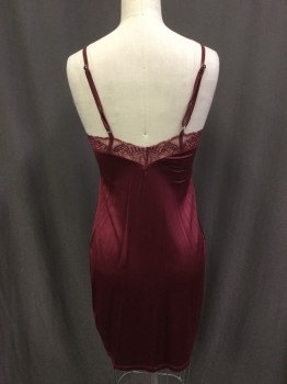 Womens, Nightgown, HANRO, Red Burgundy, Viscose, Solid, S, V-neck, Adjustable Straps, Lace Trim, Super Soft Stretch and Slinky, Flat Lined Bust