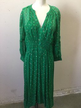 NL, Kelly Green, Lilac Purple, Black, Gold, Silk, Diamonds, Green Chiffon with Black/lilac Diamond Print, Gold Flecks,  Solid Green Slip Attached, Band Collar with Button Front, Elastic Rouching Waist, Thin Black Braided Applique Detail,
