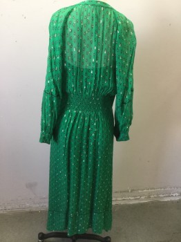 NL, Kelly Green, Lilac Purple, Black, Gold, Silk, Diamonds, Green Chiffon with Black/lilac Diamond Print, Gold Flecks,  Solid Green Slip Attached, Band Collar with Button Front, Elastic Rouching Waist, Thin Black Braided Applique Detail,