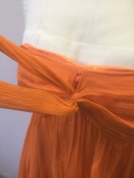MILLY, Orange, Silk, Solid, Ribbed Texture Chiffon, Strapless, Empire Waist, Opaque Satin Under-Layer, Gathered/Knotted Detail at Bust with Self Bow Ties, Invisible Zipper at Center Back, Floor Length
