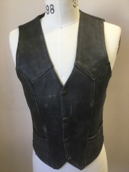 FIRST LEATHER, Faded Black, Leather, Solid, V-neck, Snap Front, Slit Pockets, Distressed Leather