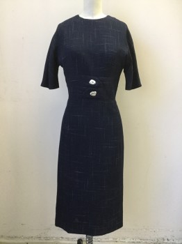N/L, Navy Blue, White, Acrylic, Grid , Faded Grid Lines, Dolman Short Sleeves, Double Waistbands with Faux Tab Button Closures, Silver Stone Shaped Buttons, Hem Below Knee, Zip Back