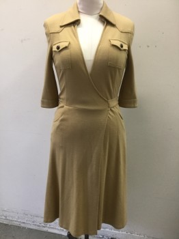 DVF, Caramel Brown, Wool, Solid, Wrap Dress, 3/4 Sleeve, Collar Attached, 2 Chest Pockets with Flap Closure and Dark Brown Buttons, Self Ties at Waist, Side Pockets, Hem Below Knee **Bar Code Located at Front Behind Wrapped Neck