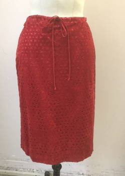 BETSEY JOHNSON, Red, Polyester, Cotton, Geometric, Faux Suede, with Starburst Triangles and Circles Cutouts Over Red Satin Underlayer, Straight Fit Skirt, Drawstring Waist