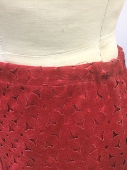 BETSEY JOHNSON, Red, Polyester, Cotton, Geometric, Faux Suede, with Starburst Triangles and Circles Cutouts Over Red Satin Underlayer, Straight Fit Skirt, Drawstring Waist