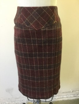 NANETTE LEPORE, Red Burgundy, Dk Gray, Taupe, Wool, Plaid-  Windowpane, V Shaped Yoke at Waist, Pencil Skirt, Box Pleats at Center Back Hem with Horizontal Strap with Button Detail, Invisible Zipper at Center Back