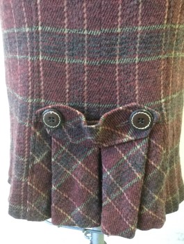 NANETTE LEPORE, Red Burgundy, Dk Gray, Taupe, Wool, Plaid-  Windowpane, V Shaped Yoke at Waist, Pencil Skirt, Box Pleats at Center Back Hem with Horizontal Strap with Button Detail, Invisible Zipper at Center Back