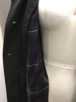 LONDON FOG, Black, Red, White, Gray, Polyester, Solid, Plaid, Collar Attached, Notched Lapel, Detacheable Hood, Plaid Wool Lining, Belt, Button Front, Wrist Strap