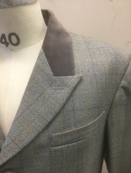 Mens, Historical Fiction Jacket, N/L MTO, Gray, Yellow, Charcoal Gray, Wool, Plaid-  Windowpane, 40, Cutaway, Single Breasted, 4 Self Fabric Buttons, Peaked Lapel with Solid Gray Velvet Panel, 2 Faux Waist Flap Pockets & 1 Welt Pocket at Chest, Victorian Made To Order Reproduction