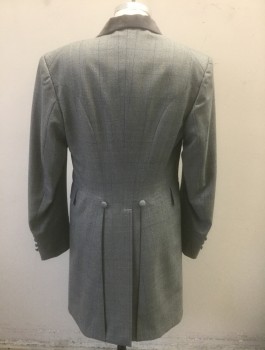 Mens, Historical Fiction Jacket, N/L MTO, Gray, Yellow, Charcoal Gray, Wool, Plaid-  Windowpane, 40, Cutaway, Single Breasted, 4 Self Fabric Buttons, Peaked Lapel with Solid Gray Velvet Panel, 2 Faux Waist Flap Pockets & 1 Welt Pocket at Chest, Victorian Made To Order Reproduction