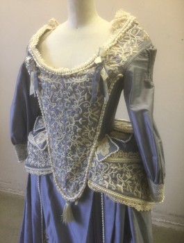 PORRO MTO, Slate Blue, Antique White, Pearl White, Silk, Beaded, BODICE - Taffetta, Trimmed with Antique White Lace and Pearls, Long Sleeves, Cartridge Pleating at Shoulders, Boned/Structured with Point at Center Front Waist, Lacing/Ties Center Back, 1600's Reproduction Made To Order