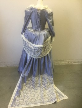 PORRO MTO, Slate Blue, Antique White, Pearl White, Silk, Beaded, BODICE - Taffetta, Trimmed with Antique White Lace and Pearls, Long Sleeves, Cartridge Pleating at Shoulders, Boned/Structured with Point at Center Front Waist, Lacing/Ties Center Back, 1600's Reproduction Made To Order