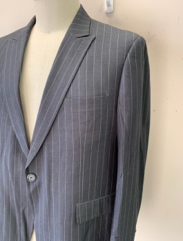 ROSSI MAN, Gray, Lt Gray, Wool, Stripes - Pin, Single Breasted, Peaked Lapel, 1 Button, 3 Pockets, Gray Paisley Lining