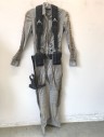 Womens, Sci-Fi/Fantasy Jumpsuit, N/L MTO, Putty/Khaki Gray, Lt Brown, Black, Rayon, Solid, W:26, B:34, H:36, Boiler Suit/Coverall Style, Long Sleeves, Zip Front, Collar Attached, Beige Twill Lace Up at Sides and Sleeve Outseam, Silver Metal Gears at Waist, **Includes Removable Black Gun Belt/Harness with Gear Shaped Buckle, Backpack Style Straps, Leg Holster, and Ammo Compartment