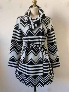 NL, Gray, Black, Polyester, Wool, Geometric, 2 Piece with Belt, Cowl Neck, Button Front, Concealed Buttons, Long Sleeves, A-Line
