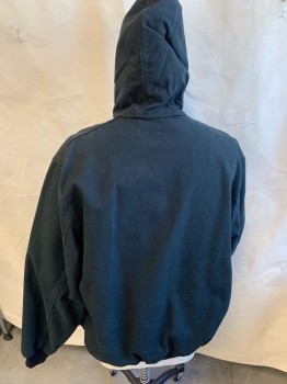 CARHARTT, Black, Cotton, Solid, Hood Attached with D-string, Black Rough Texture Lining, Zip Front, Kangaroo Pockets, Ribbed Knit Black Long Sleeves Cuffs & Hem