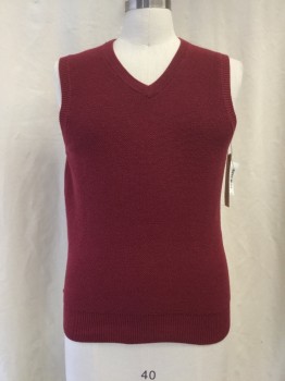 BROOKS BROTHERS, Maroon Red, Cotton, Cashmere, Solid, Pull Over, V-neck,
