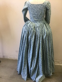 MTO, Lt Blue, Dusty Blue, Cotton, Floral, BODICE -Lacing Center Front, with Gromets and Metal Boning, Generously Pleated Open Front Skirt, Hooks at Waistband to Attach to Skirt