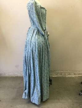 MTO, Lt Blue, Dusty Blue, Cotton, Floral, BODICE -Lacing Center Front, with Gromets and Metal Boning, Generously Pleated Open Front Skirt, Hooks at Waistband to Attach to Skirt