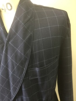 STERLING, Navy Blue, Blue, Cashmere, Plaid-  Windowpane, Self Belt, 3 Pockets, Piping on Shawl Collar, Cuffs on Sleeves, Lined,