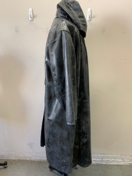 Mens, Coat, COMMERCIAL COSTUMING, Black, Gray, Rubber, Mottled, 48, Aged, 4 Snap Front, Hooded and Collar Attached, Gathers at Front Shoulder Seams, Tear in Back, Lined, Heavy