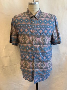 Mens, Casual Shirt, CPO PROVISIONS, Lilac Purple, Gray, Blue, Faded Black, Lt Gray, Cotton, Geometric, Abstract , L, Collar Attached, Button Front, Short Sleeves, 1 Pocket