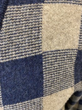 Mens, Cardigan Sweater, J CREW, Slate Blue, Beige, Wool, Check , M, V-neck, Long Sleeves, 2 Pockets, Thick