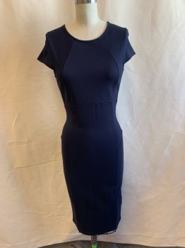 Womens, Dress, Short Sleeve, FELICITY COCO, Navy Blue, Viscose, Polyester, Solid, S, Zipper Down Back,  Round Neck