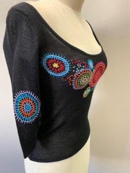 Womens, Pullover, N/L, Black, Multi-color, Acrylic, Nylon, Circles, XS, Semi Scoop Neck, 3/4 Sleeve, Embroidered Multi Colored Circles