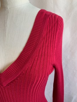 Womens, Pullover, EXPRESS, Dk Red, Rayon, Nylon, Solid, S, Ribbed Knit, V-neck, Long Sleeves