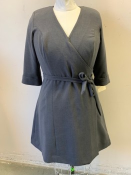 MTO, Gray, Polyester, Solid, 3/4 Sleeve, Wrap Dress