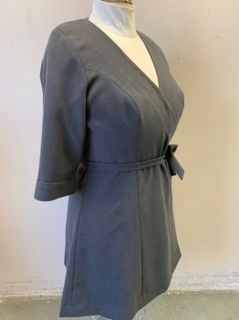 Womens, Dress, Long & 3/4 Sleeve, MTO, Gray, Polyester, Solid, B 42, 3/4 Sleeve, Wrap Dress