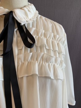 ZARA BASIC, Off White, Black, Polyester, Solid, Short Sleeves, Button Front, Ruffled Collar Attached, Black Ribbon at Neckline, Pleated Rows at Bust