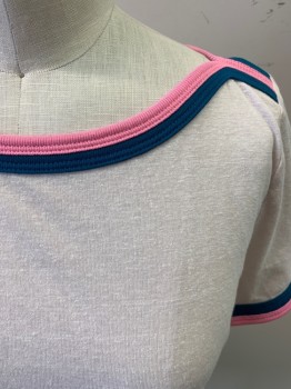 J CREW, Baby Pink, Turquoise Blue, Pink, Poly/Cotton, Color Blocking, Tshirt Jersey, Bateau/Boat Neck, Short Sleeves, Rib Knit Collar and Cuffs