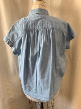 MADEWELL, Denim Blue, Cotton, Collar Attached, Button Front, Cap Sleeve