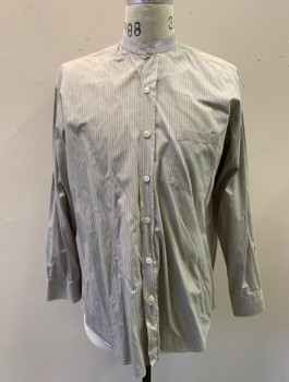 Mens, Historical Fiction Shirt, VENICE CUSTOM SHIRTS, Lt Gray, Beige, Brown, Cotton, Stripes - Pin, Slv:34, N:15, Long Sleeves, Button Front, Band Collar, Top Button Hole Requires Stud (Not Included),  1 Patch Pocket, Made To Order Reproduction