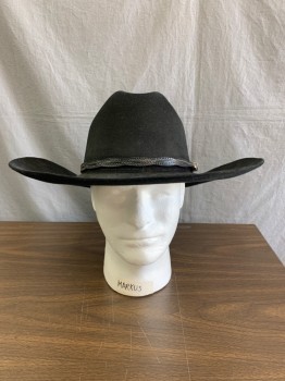 John B. Stetson, Black, Wool, Solid, Cattleman Shaped, Black Strap with Silver Buckle